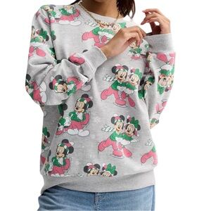 Disney Women Mickey Minnie Ice‎ Skating Gray Sweatshirt Holiday Christmas XS NWT